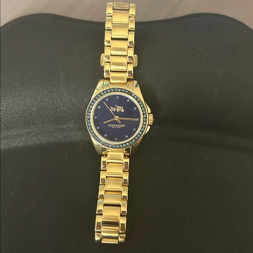 Coach Gold Tone Bracelet Watch with Blue Dial and Crystal Bezel